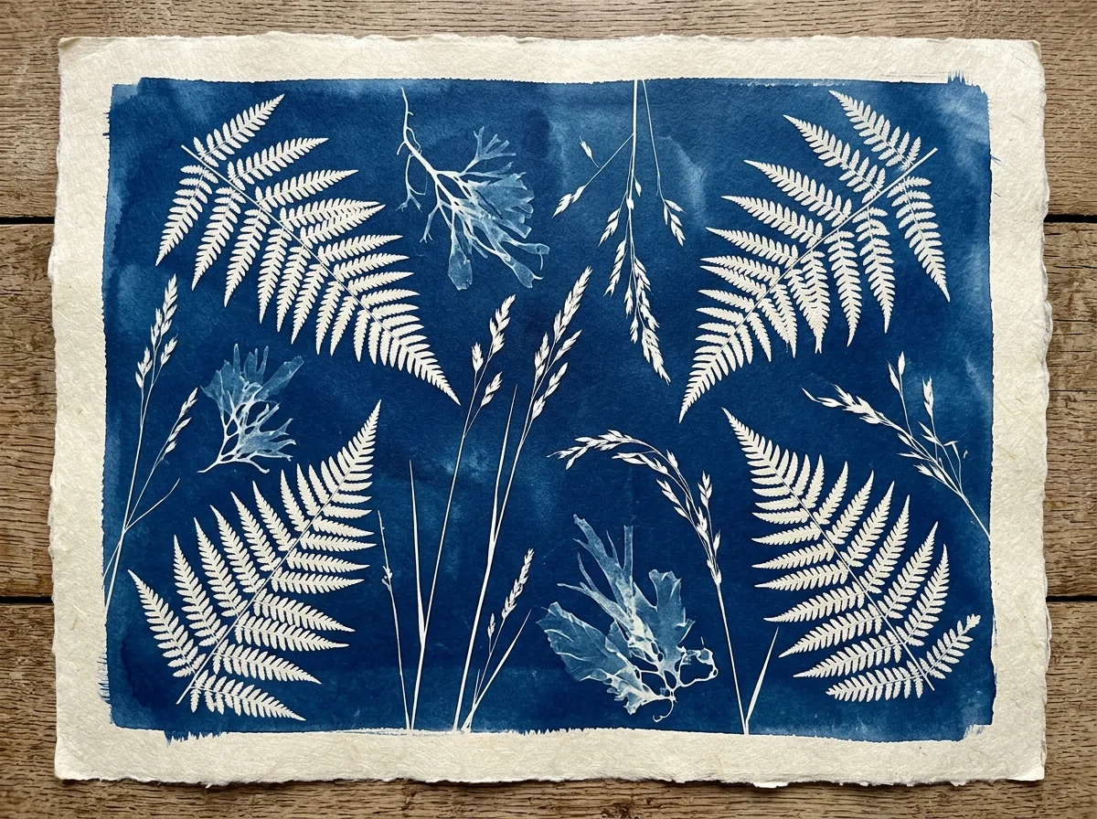 Botanischer Sonnendruck eines Farns und feiner Gräser in Berliner Blau