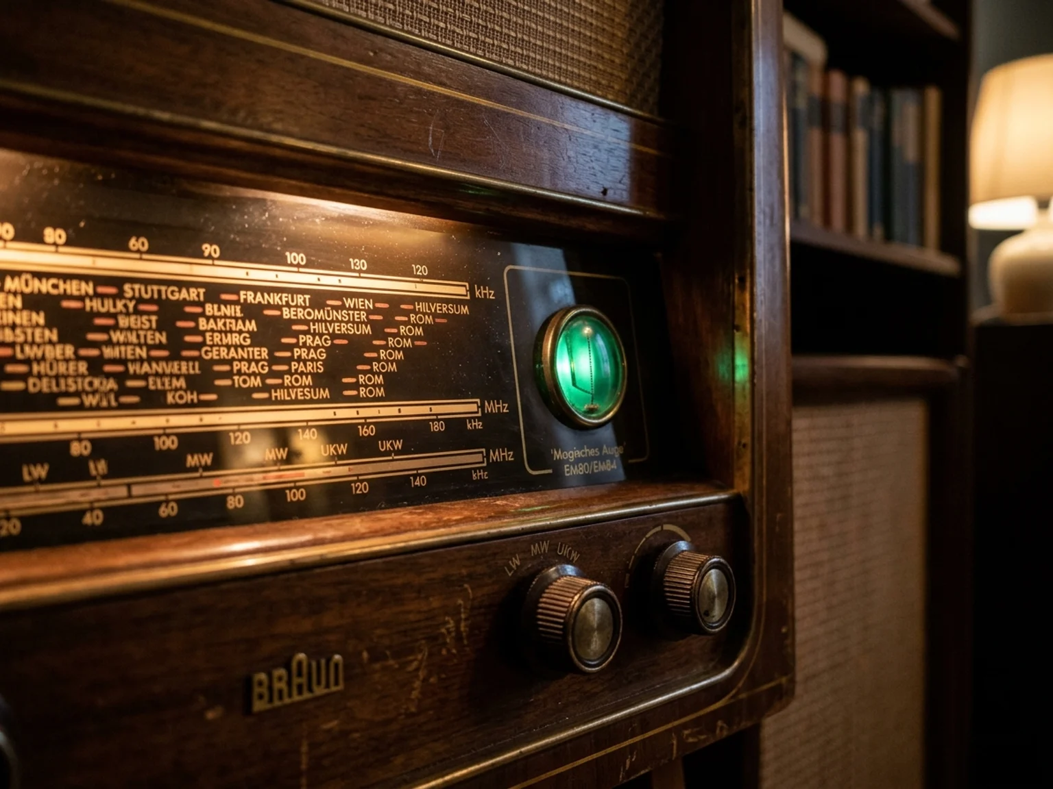 Beleuchtete Glasskala eines historischen Röhrenradios mit Sendernamen und grünem Magischen Auge in der Dämmerung
